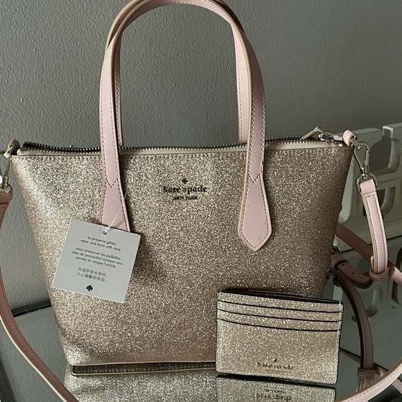 kate spade Handbags - Kate spade Joeley Glitter rose gold crossbody satchel Sparkle purse & cardholder